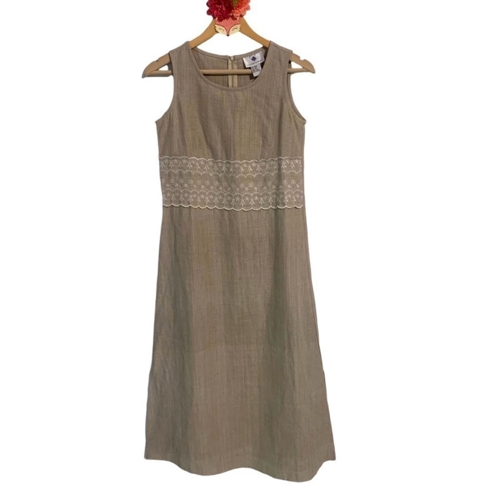 Classics by Eileen West dress petite linen khaki color lace ankle length size 6P